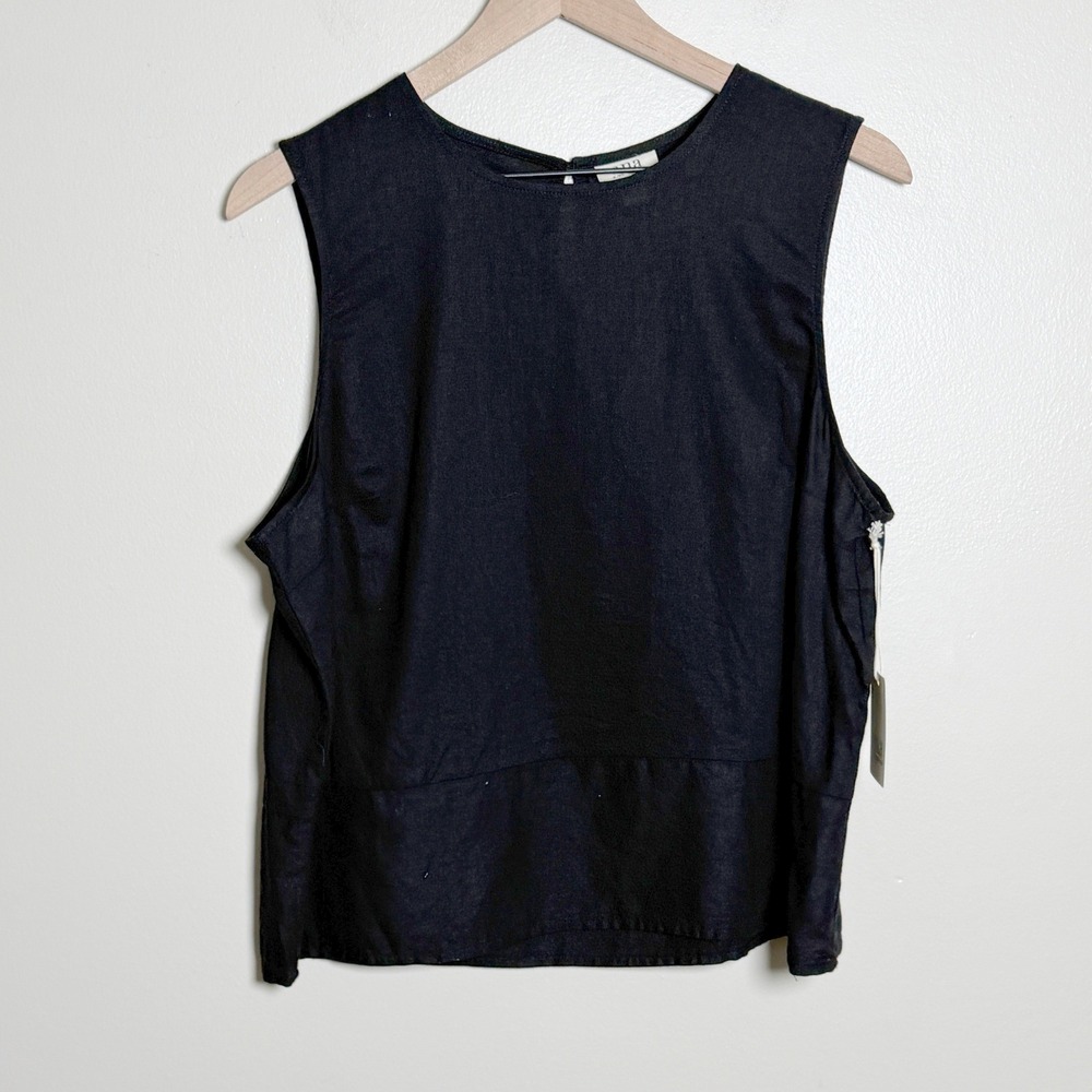 a.n.a Women Linen Rayon Top L Black Sleeveless Keyhole Resort Vacation Office